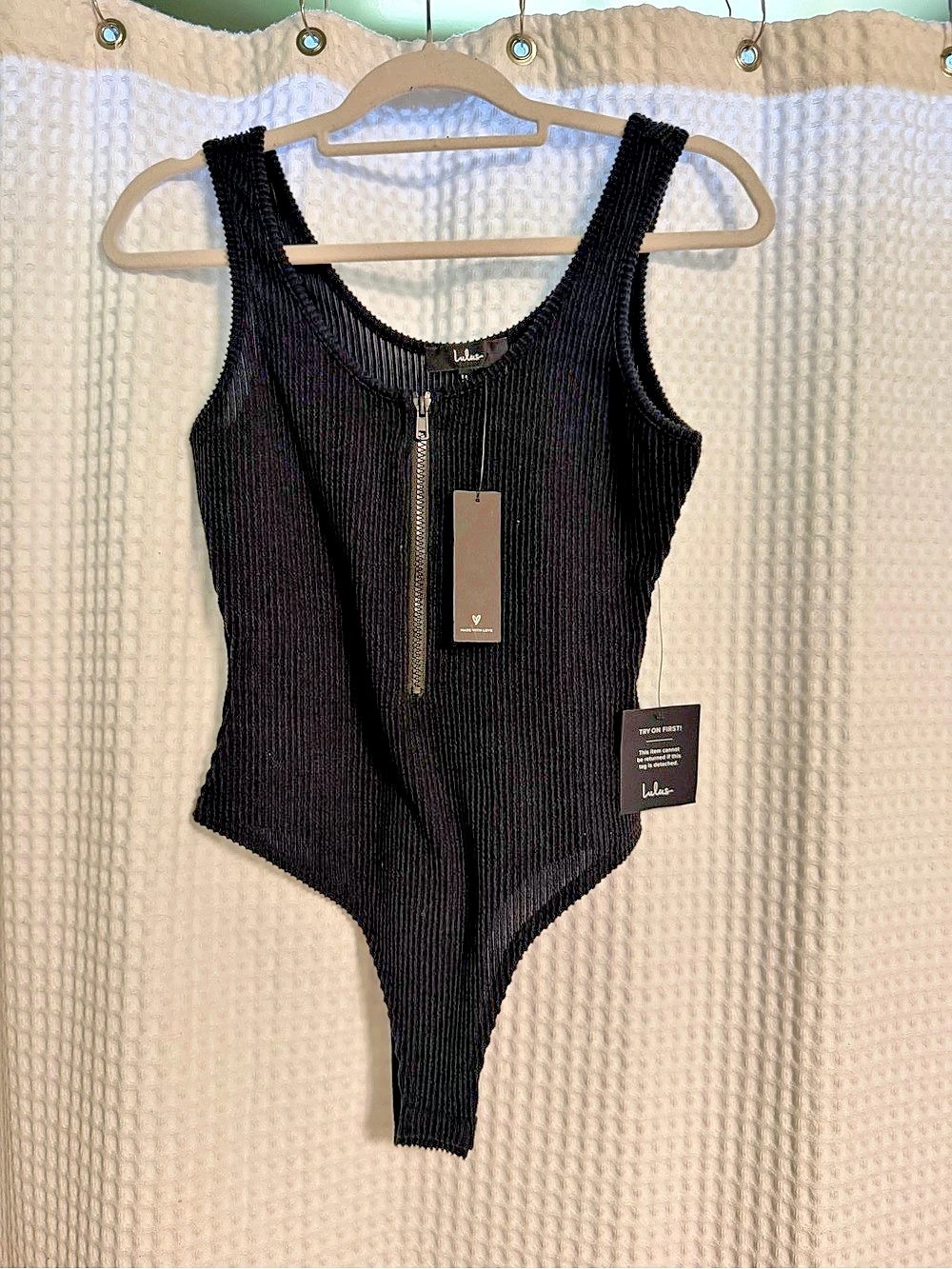 Lulus Going All Night Black Ribbed Sleeveless Zip-Front Bodysuit NWT